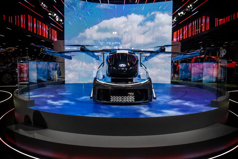 Flying car exhibit at automotive event in São Paulo showcasing innovation in transport technology.